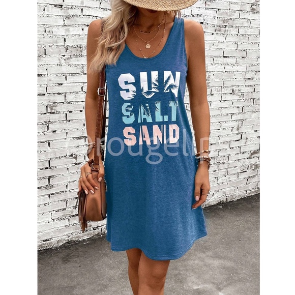 Blue Tank Mini Dress Tropical Graphic Letter Print - Picture 11 of 13